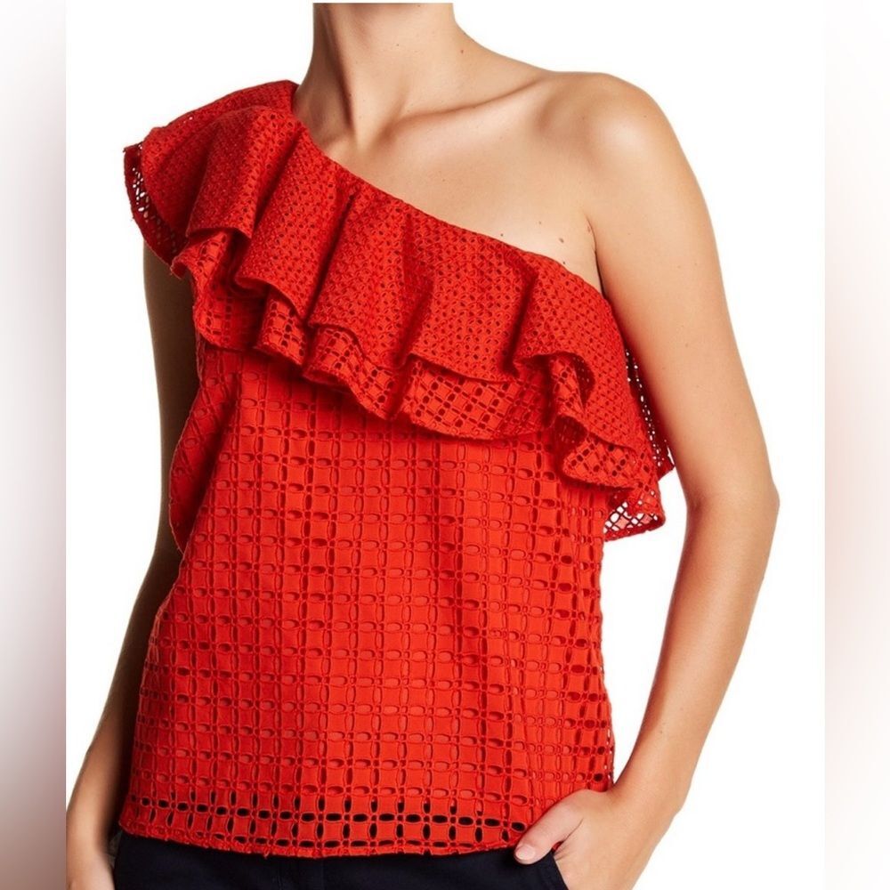 J Crew One Shoulder Red/Orange Ruffle Eyelet Top Size 4